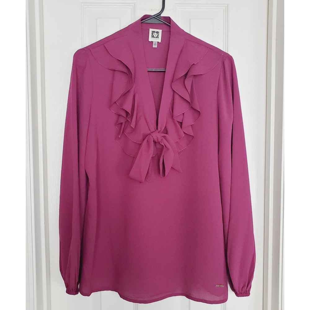 Anne Klein Blouse Magenta Ruffle V-Neck Tie Front Long Sleeve Workwear Top M